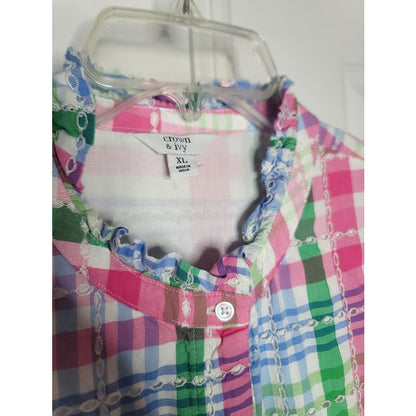 Crown & Ivy Plaid eyelet button up Dress Midi Size XL Pockets flutter sleeve