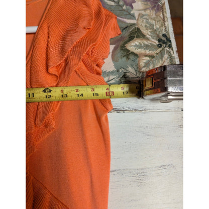 Vintage Ruffle V-Neck Top Womens Medium Orange Asymmetrical Cap Sleeve Blouse