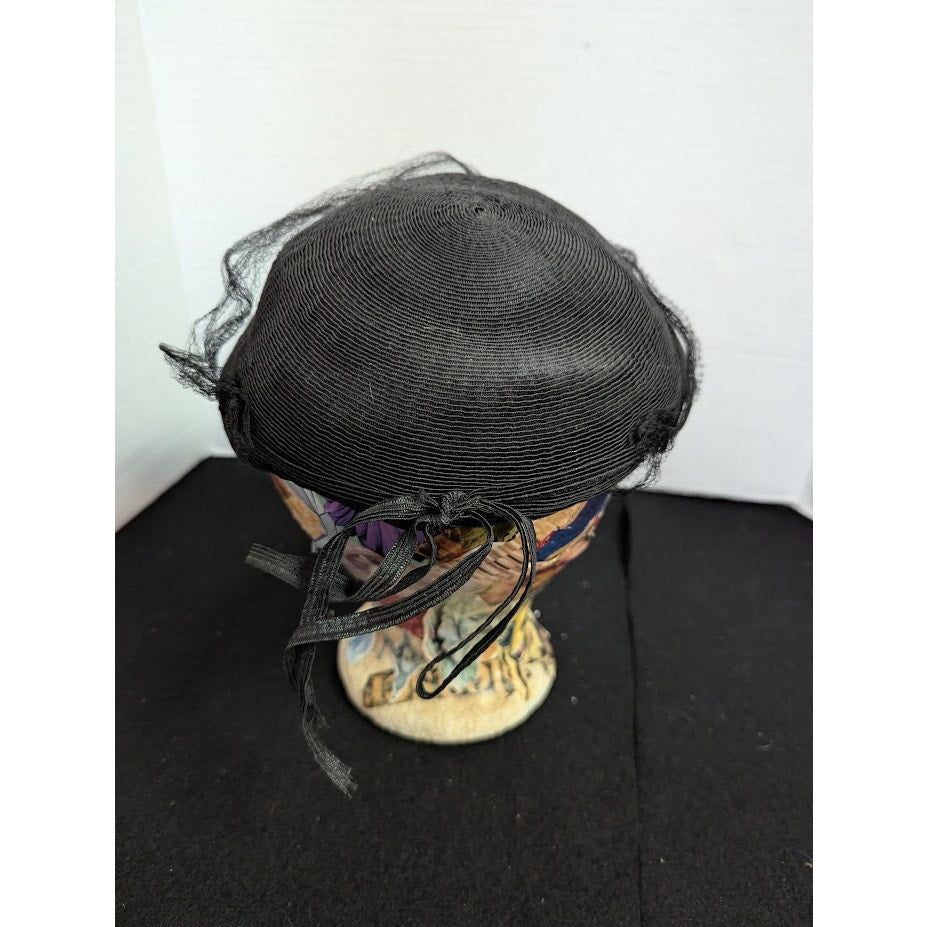 Vintage Black Pillbox Hat Veil 1940s 50s Noir Goth Mourning Pinup Rockabilly