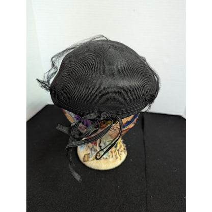 Vintage Black Pillbox Hat Veil 1940s 50s Noir Goth Mourning Pinup Rockabilly