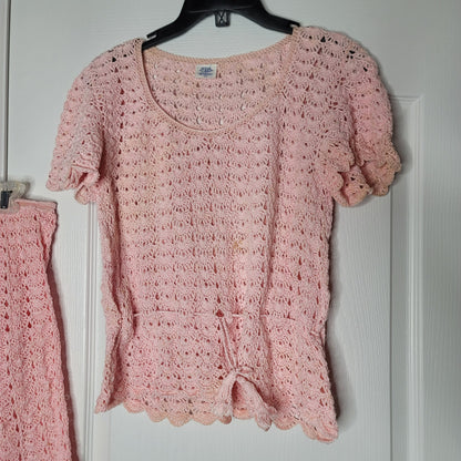 Vintage Little Flower Pink crochet 2 pc Set Skirt Short Sleeve Top Cotton Medium
