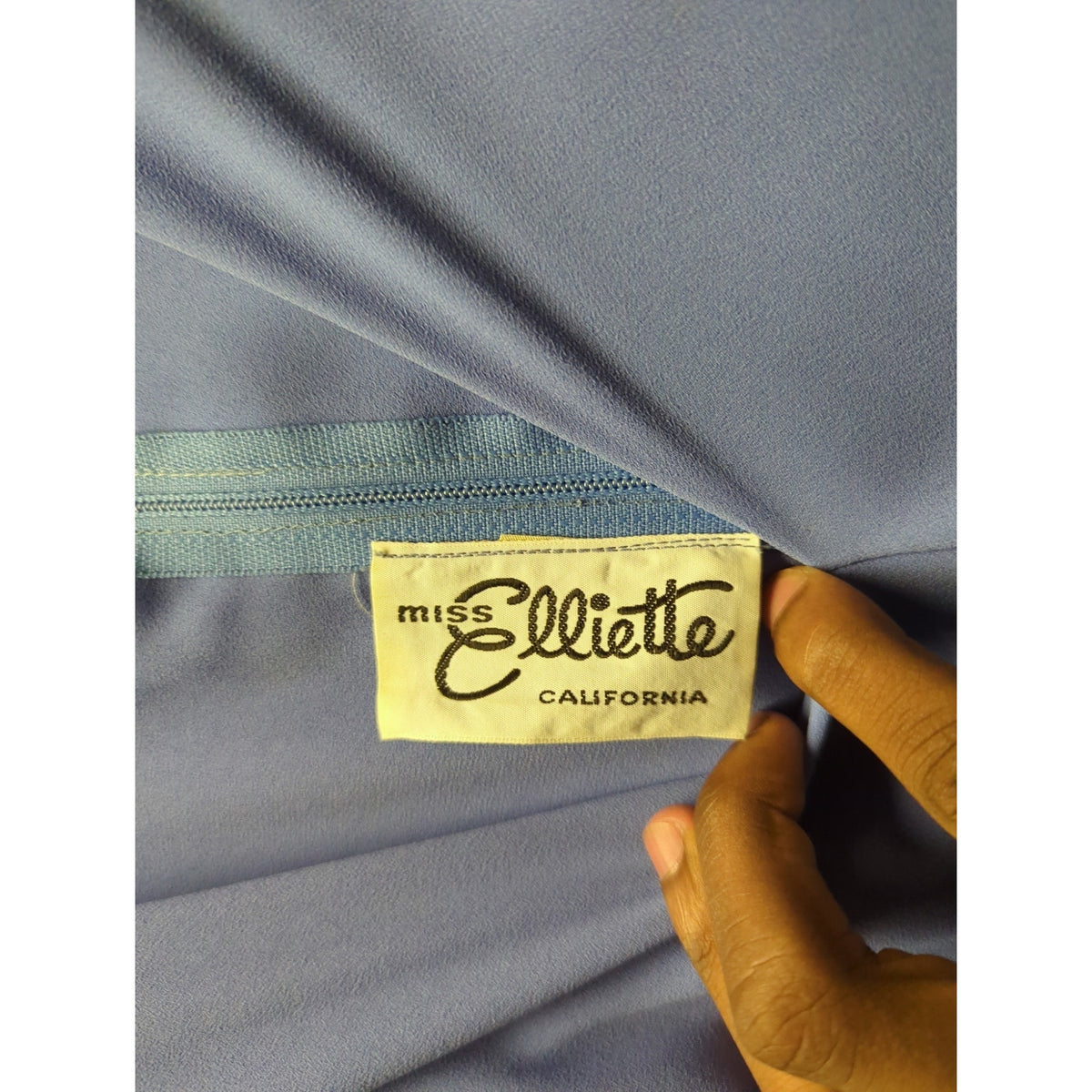Vintage Elliette California Blue Maxi Dress 80s Shoulder Pads Pleated Regency