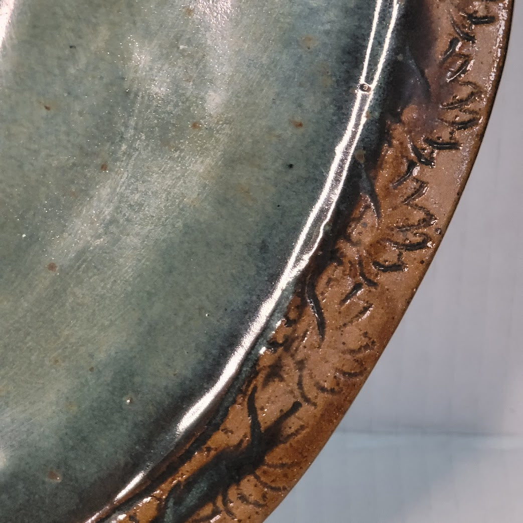 Handmade Studio Pottery Platter 15" Round Etched Rim Earthy Glaze Stoneware