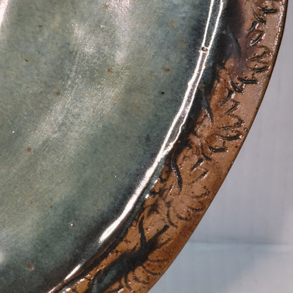 Handmade Studio Pottery Platter 15" Round Etched Rim Earthy Glaze Stoneware