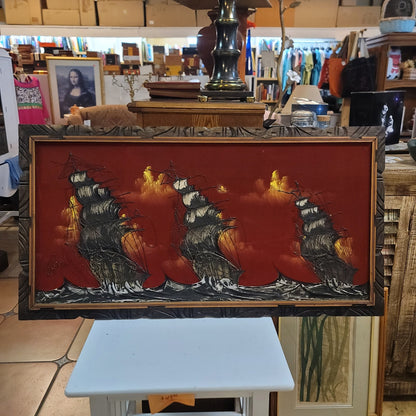 Large Vintage MCM Spanish Galleon Ships Red Velvet Painting Wood Framed 48x24