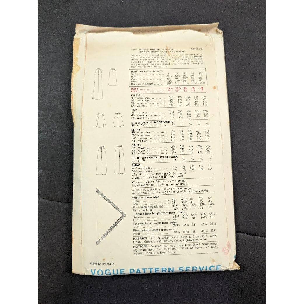 Vintage Pattern Sewing Crafts Hobby Vogue 7791 Size 12