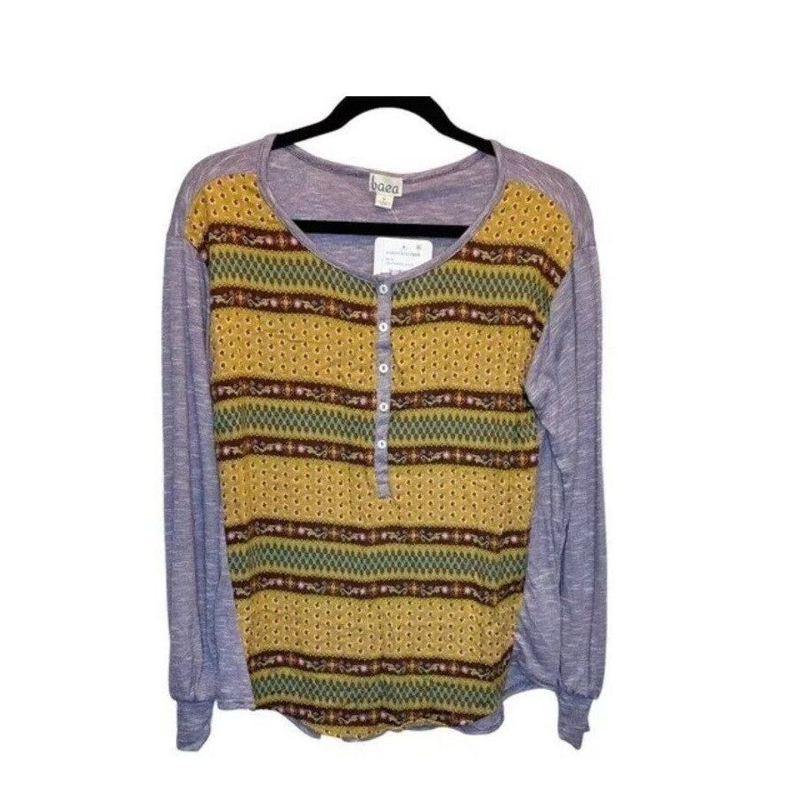 Baea Nordstrom Mixed Pattern Long Sleeve Henley Style Top Purple Gold LARGE New
