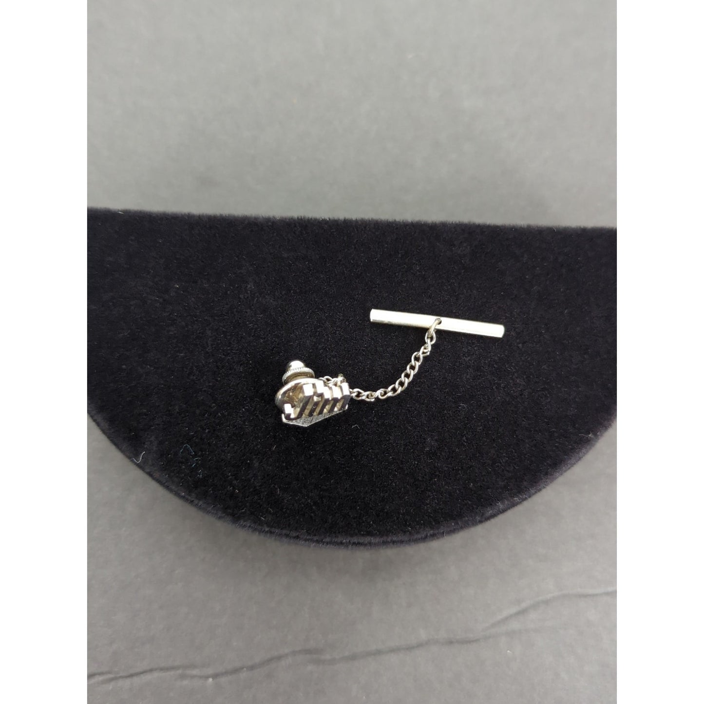 Vintage Silver Tone JIM Name Personalized Tie Tack 2 Inch Script Mid Century