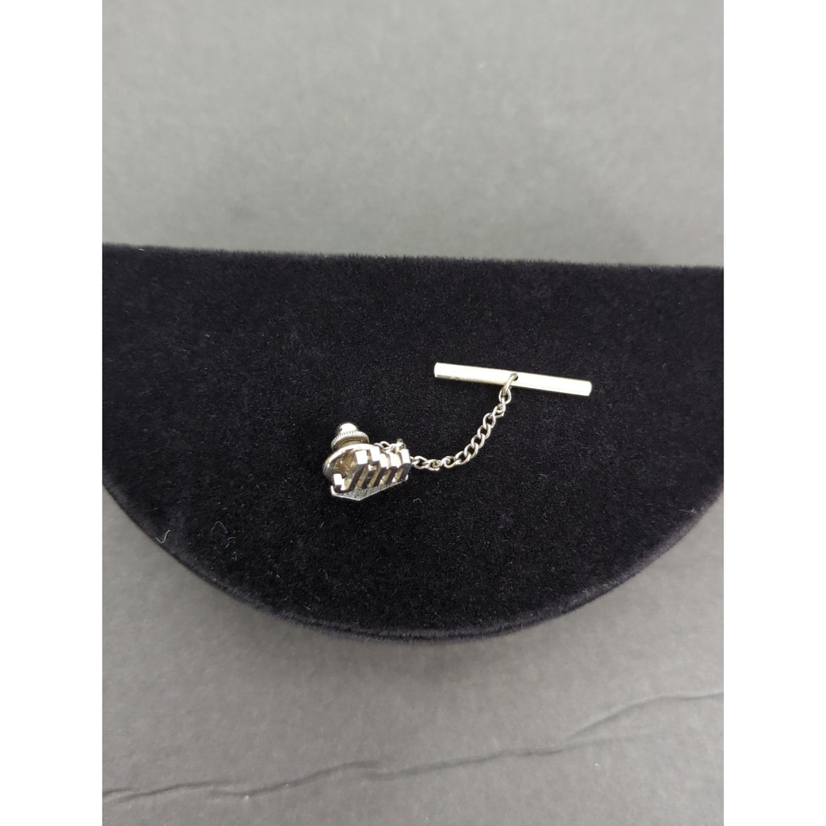 Vintage Silver Tone JIM Name Personalized Tie Tack 2 Inch Script Mid Century