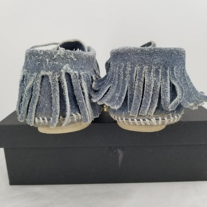 Vintage 80s Blue Suede Leather Fringe Moccasin Booties Soft Shoes  Size 8