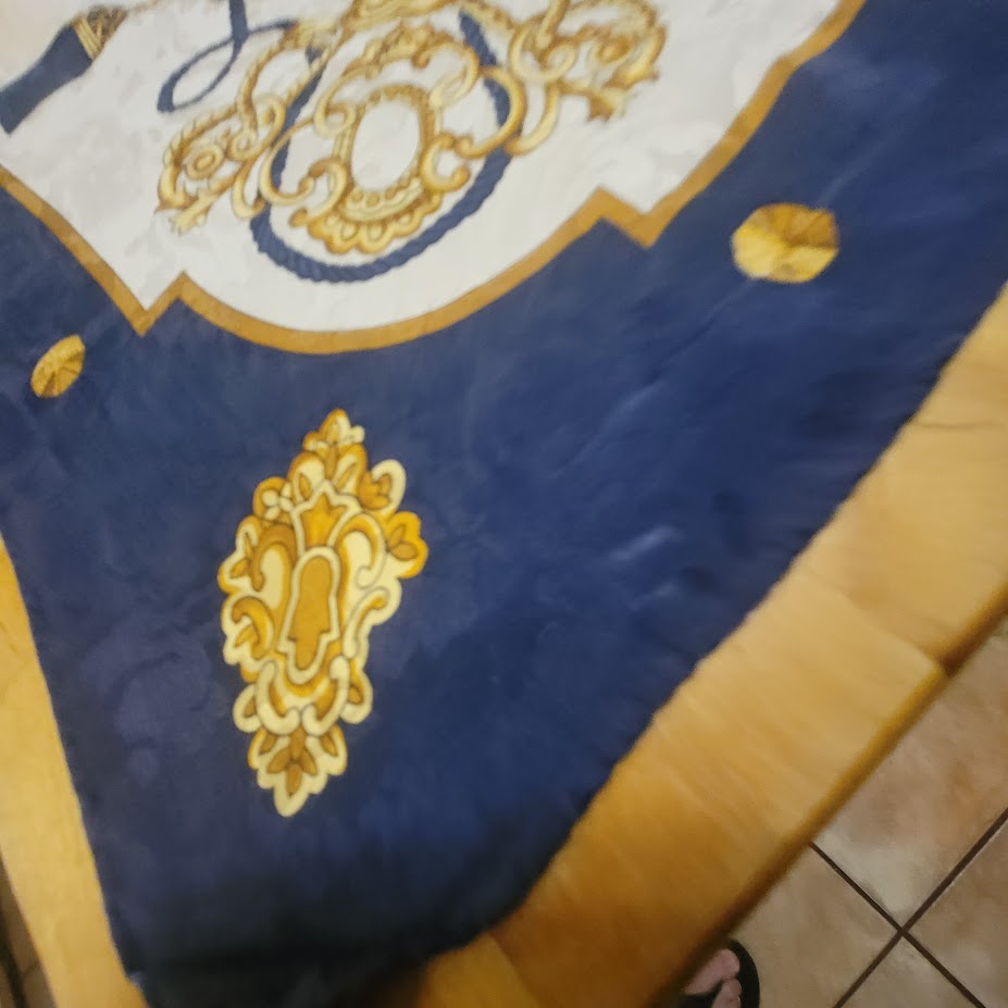 Vintage Italy Silk Scarf Navy Gold Tassel Equestrian Baroque Old Money Aesthetic
