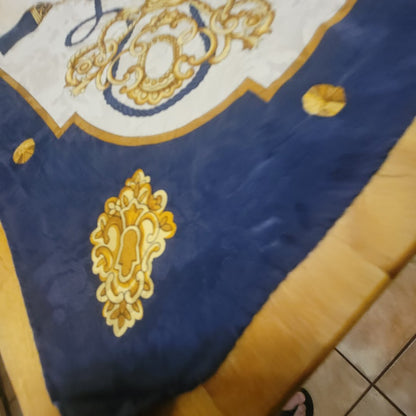Vintage Italy Silk Scarf Navy Gold Tassel Equestrian Baroque Old Money Aesthetic