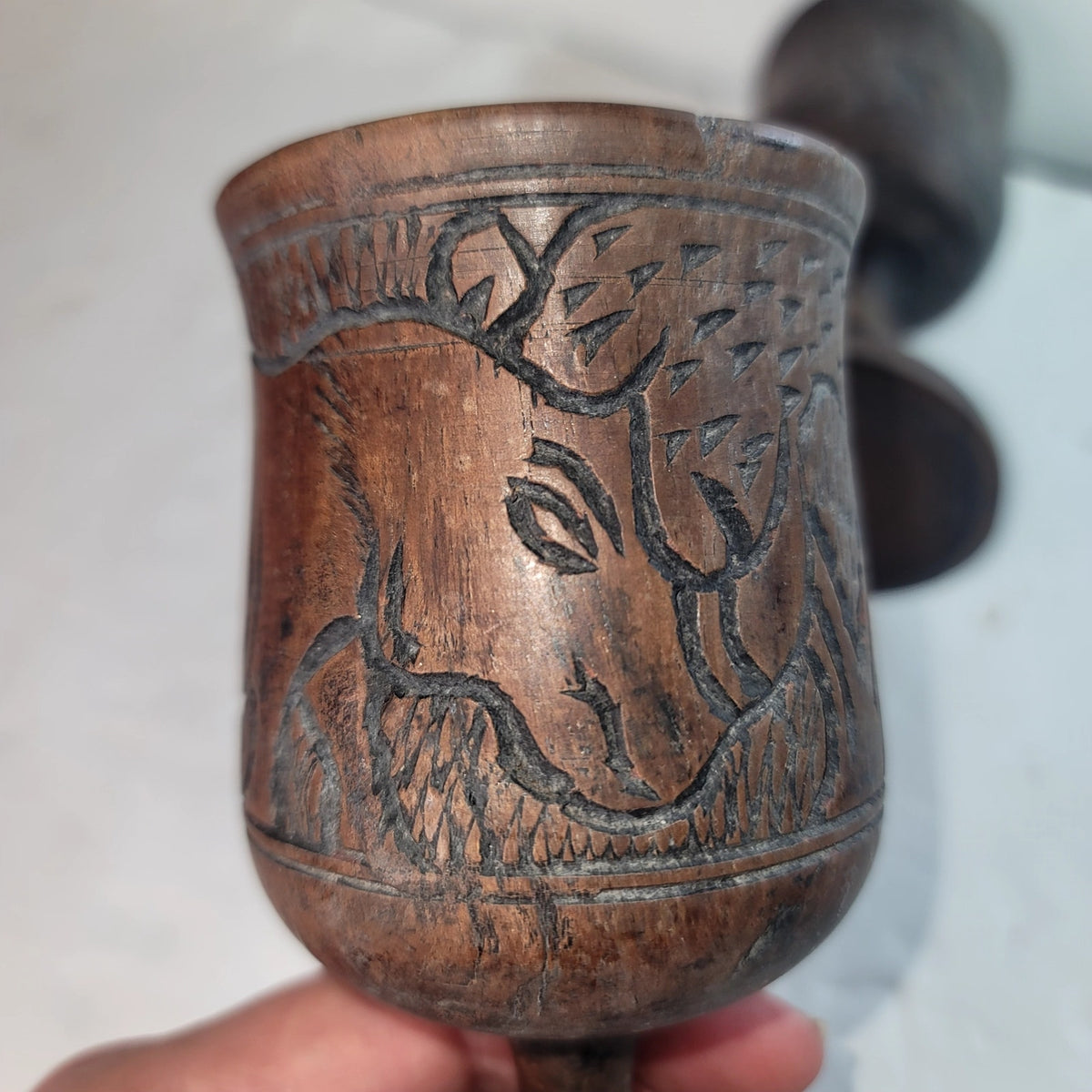 Vintage African Hand Carved Wood Goblets Hippo Rhino Giraffe Pair Tribal MCM