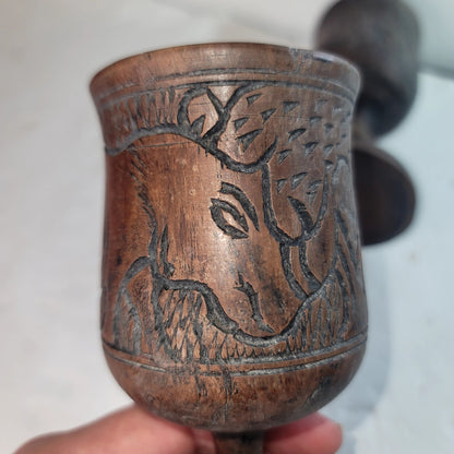 Vintage African Hand Carved Wood Goblets Hippo Rhino Giraffe Pair Tribal MCM