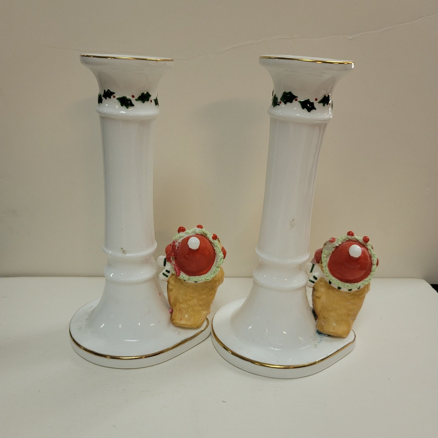Enesco pair candlestick candle holders 1977 Bone China Holly Bird Gold White