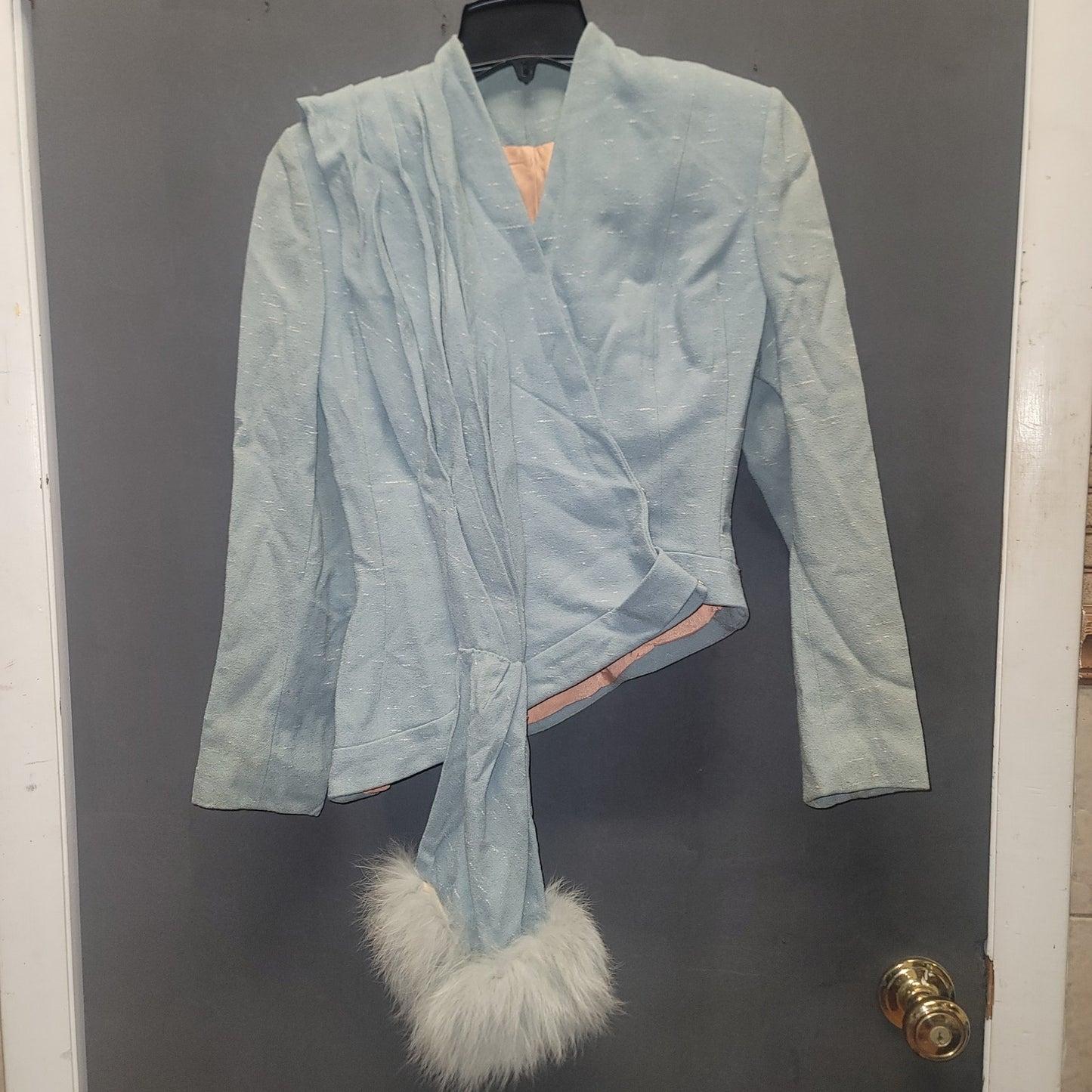 1940 Vintage Asymmetric Wool Wrap SMALL Jacket Scarf Pom Pom Trim Union Label
