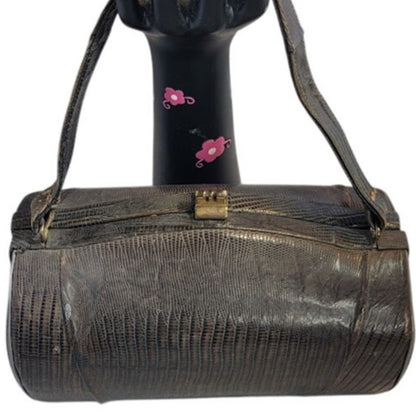 1950s Vintage Alligator Hide Barrel Hard Case Handbag Hardcase gray