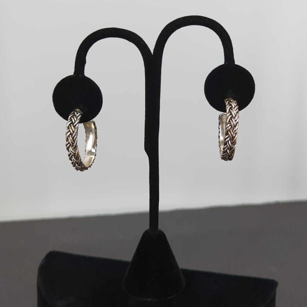 Vintage PIERCED fashion  Earrings Silver tone Braided Rope Semi Hoop