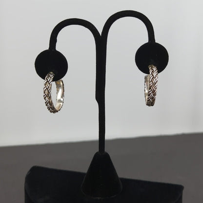 Vintage PIERCED fashion  Earrings Silver tone Braided Rope Semi Hoop