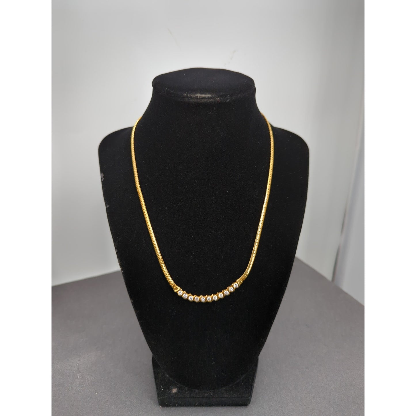 Vintage Fashion Necklace gold tone with curved crystal bar