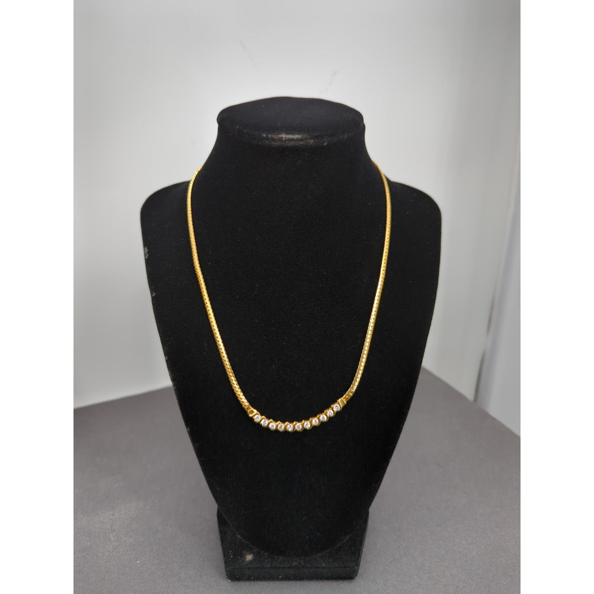 Vintage Fashion Necklace gold tone with curved crystal bar