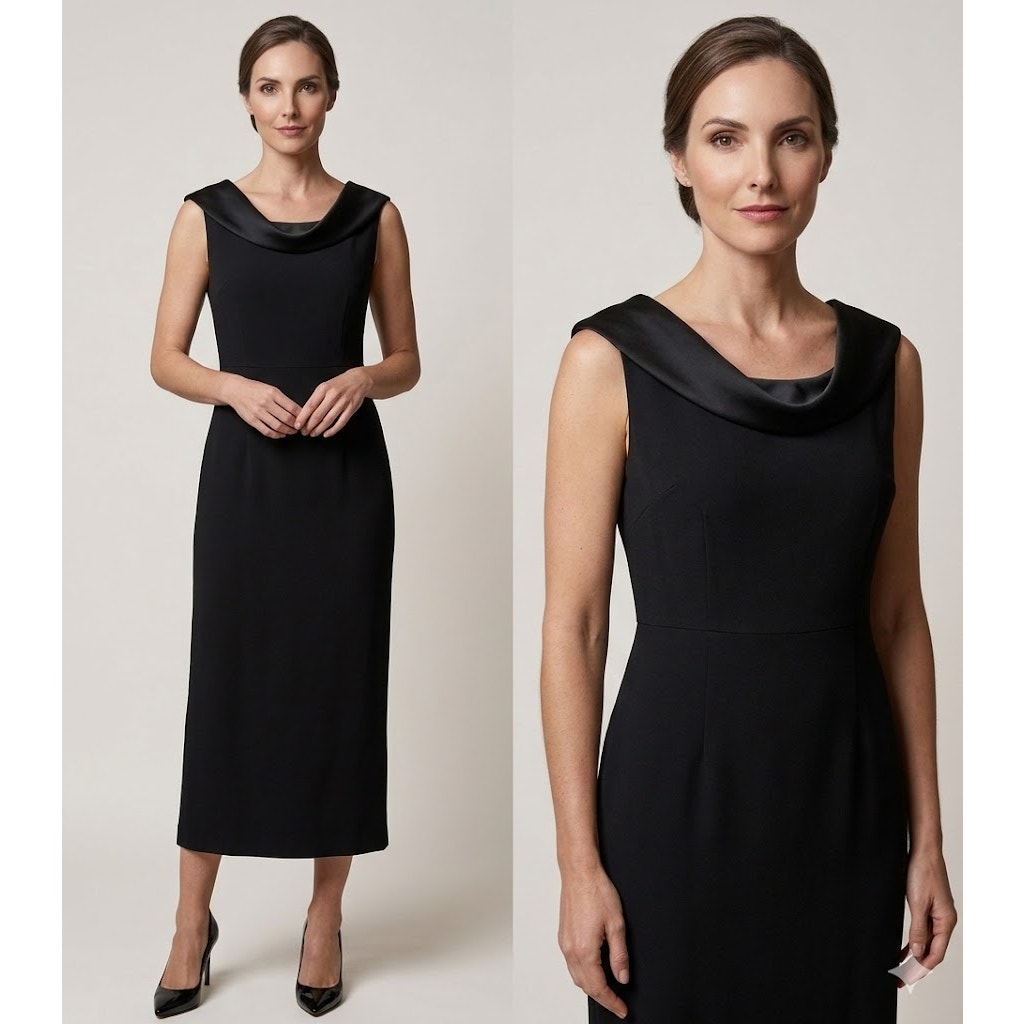 Jones New York Evening Midi Dress Black Satin Portrait Neckline Vintage 8