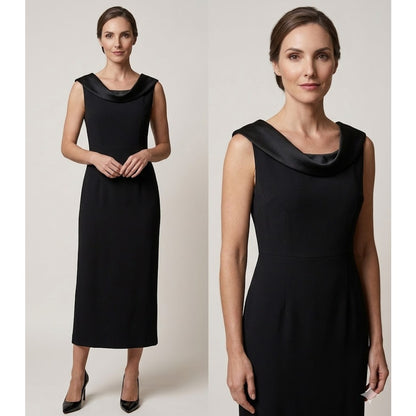 Jones New York Evening Midi Dress Black Satin Portrait Neckline Vintage 8