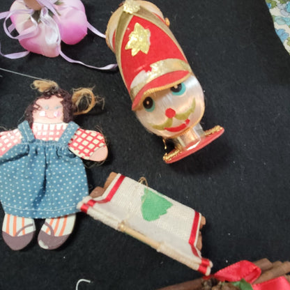 Vintage Lot of 11 Christmas Ornaments Soldiers, train, Flower, Wagon, Firewood