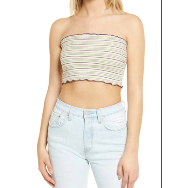 BP. Stripe Rib Tube Top In Ivory Dove Kim Stripe Bandeau Top SMALL NEW rippled