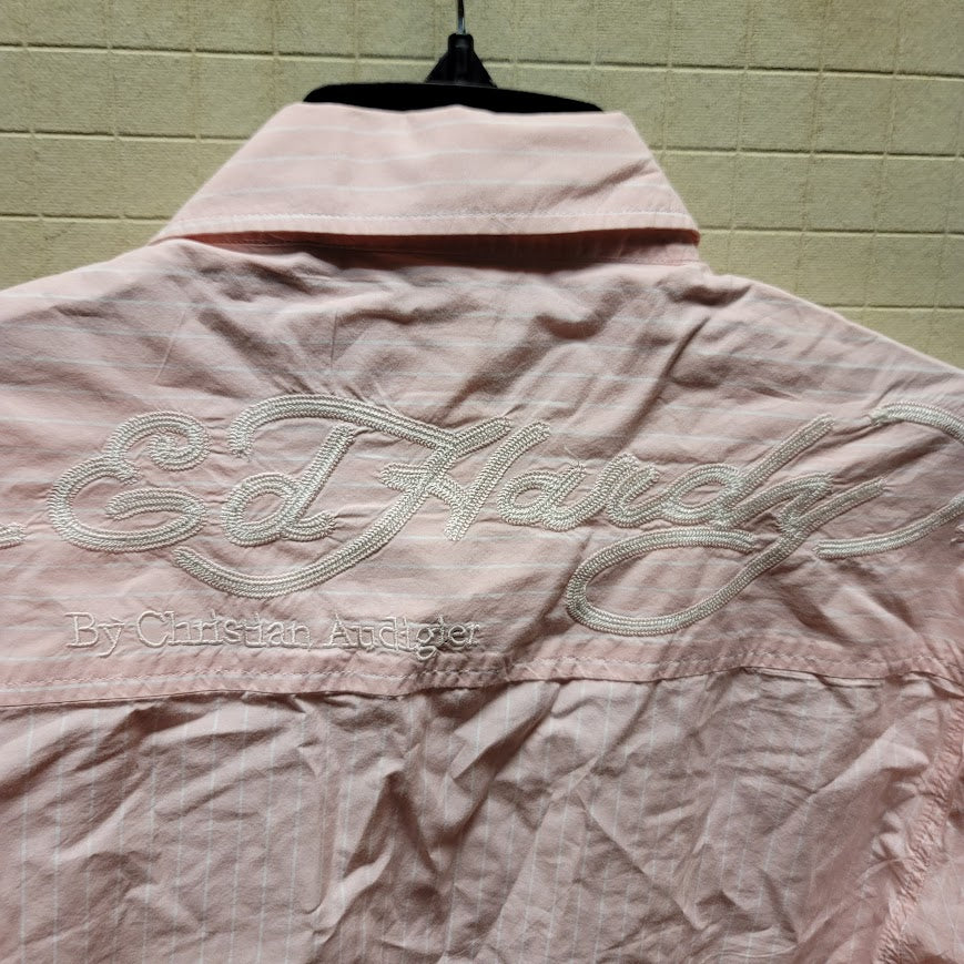 Y2K Pink White Striped Ed Hardy Top long sleeve Blouse Medium embroidered