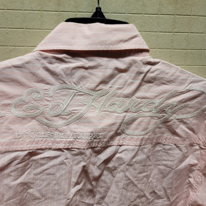 Y2K Pink White Striped Ed Hardy Top long sleeve Blouse Medium embroidered