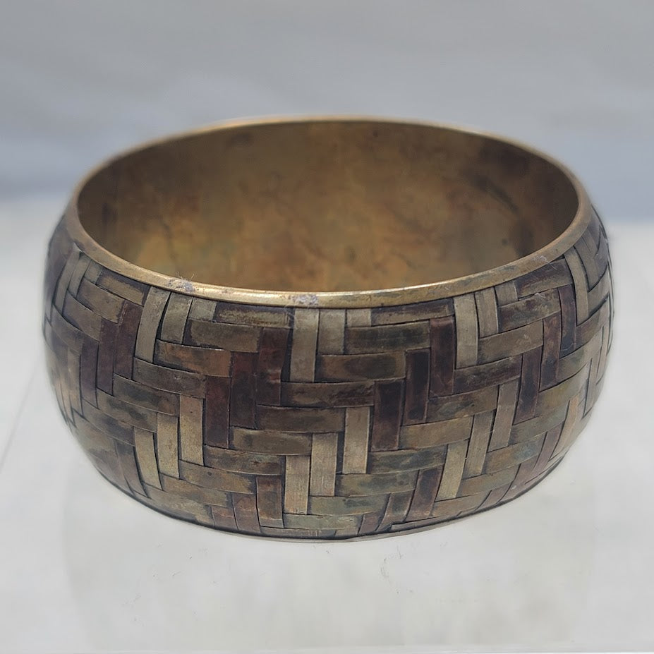 Vintage Mixed Metal Basketweave Bangle Bracelet Brass Copper Silver Tone