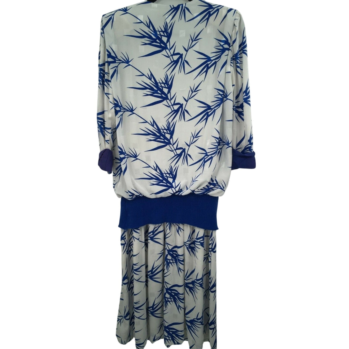 Vintage Starlo Fashions Fit Flare Pleats Palm Print Midi Dress Long Sleeves 1980