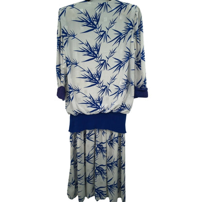 Vintage Starlo Fashions Fit Flare Pleats Palm Print Midi Dress Long Sleeves 1980