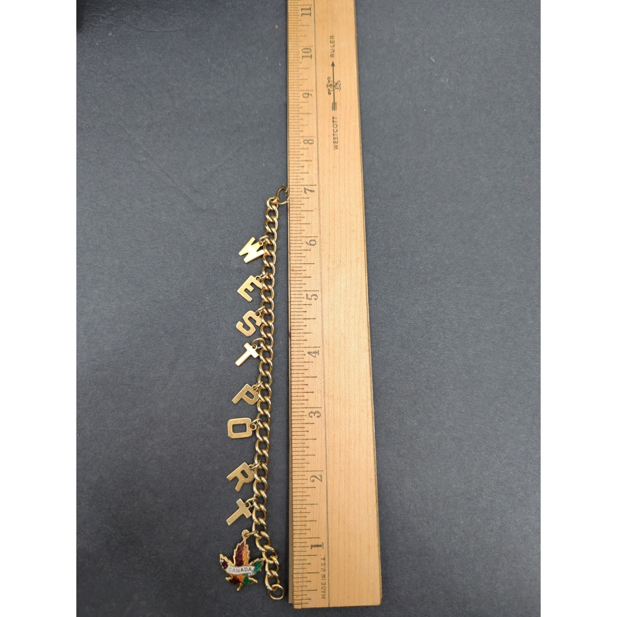 Vintage Fashion BRACELET 7" Westport Canada leaf charms letters
