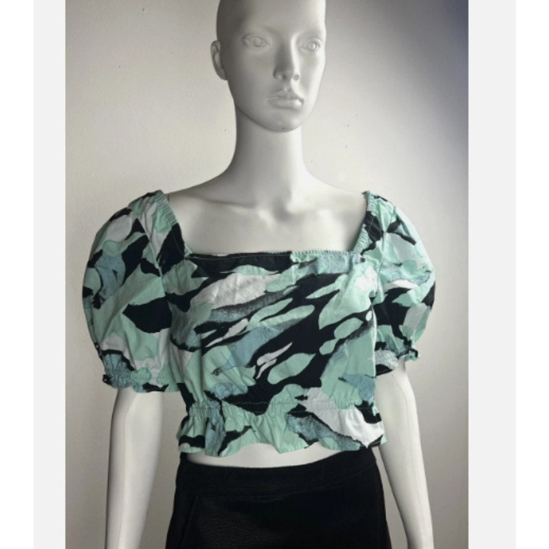 NEW BP. Green Painted Crop Top Pouf Sleeve Size Small