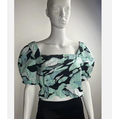 NEW BP. Green Painted Crop Top Pouf Sleeve Size Small