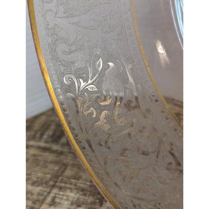 Vtg. Pink Depression Glass Platter 14" Etched Floral Gold Trim Hollywood Regency