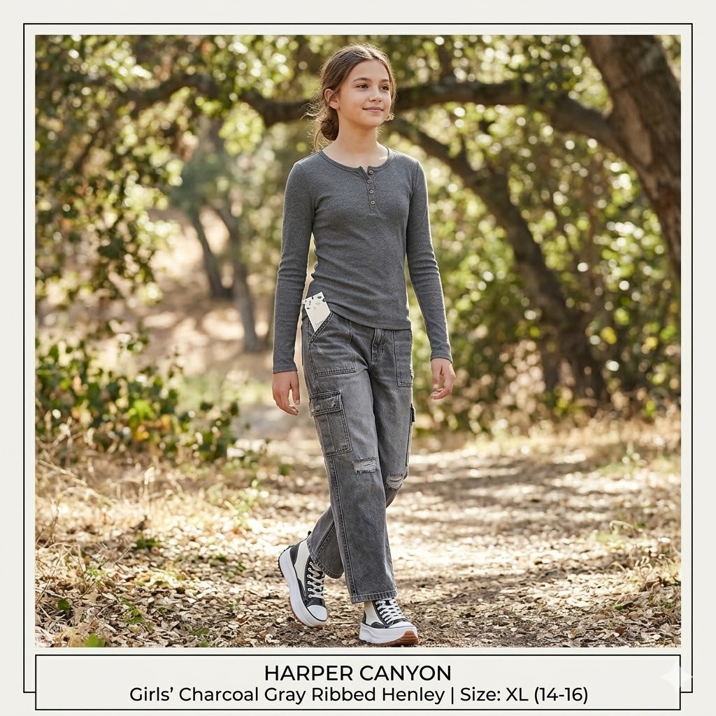 Harper Canyon Girls Gray Long Sleeve Henley Thermal Top XL 14-16 Coquette Y2K