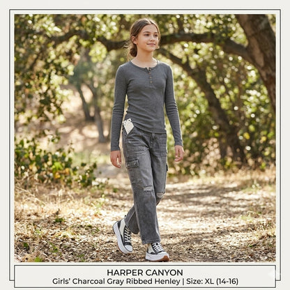 Harper Canyon Girls Gray Long Sleeve Henley Thermal Top XL 14-16 Coquette Y2K