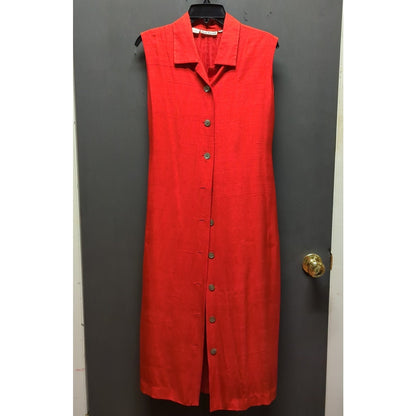 Anne Klein 100% Silk Red Sleeveless Midi Button Front Shirt Dress Vintage Sz 12