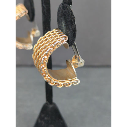 Vintage Gold Tone Woven Chain Textured Half Hoop Clip On Earrings MCM classice
