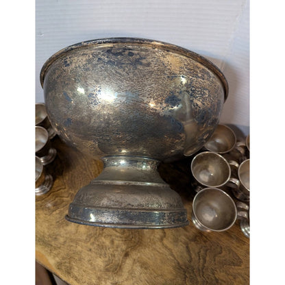 Vintage 14 Pc. UNPOLISHED patina nickel silver EP Large punch bowl cup ladle set
