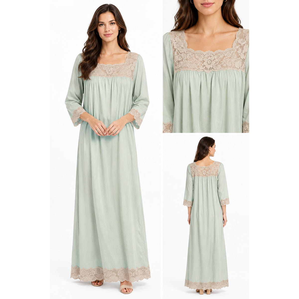 Rutledge Vintage Sleepwear Nightgown 3/4 Sleeves Square Neck Size Medium