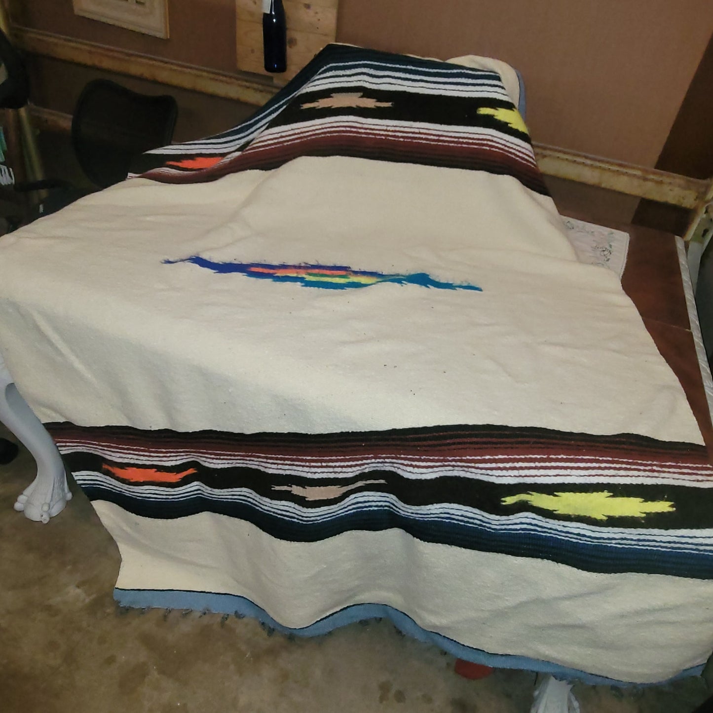 Vintage Mexican Zapotec Handwoven Wool Rug Blanket 82x56 Cream MCM Southwestern