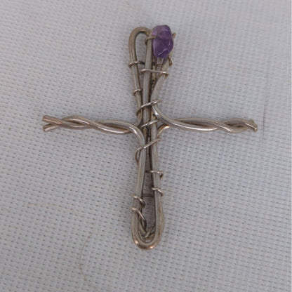 Handcrafted Wire Wrapped Cross Pendant with Raw Amethyst Crystal Accent