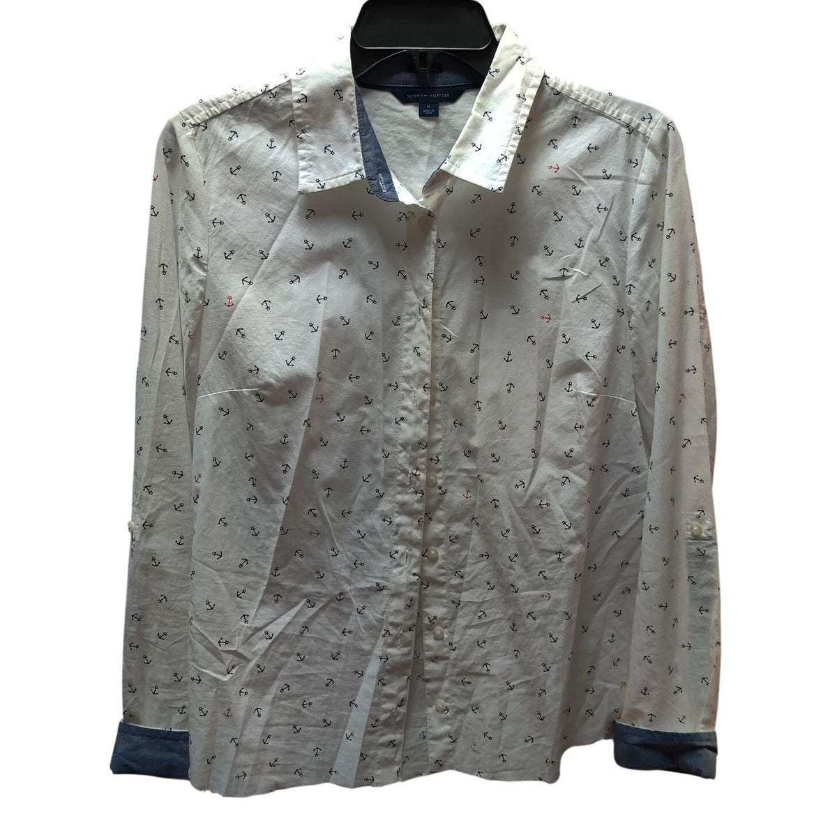Tommy Hilfiger Anchor Print Button Up Shirt Medium White Long Sleeve Blouse