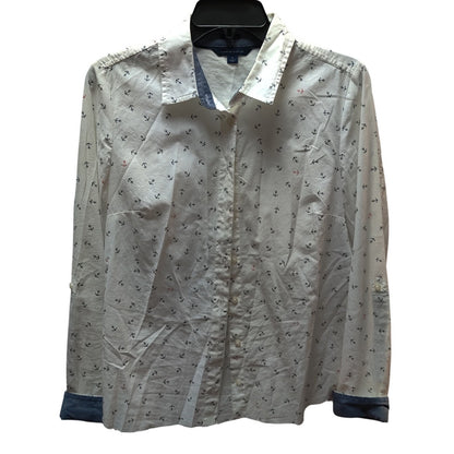 Tommy Hilfiger Anchor Print Button Up Shirt Medium White Long Sleeve Blouse