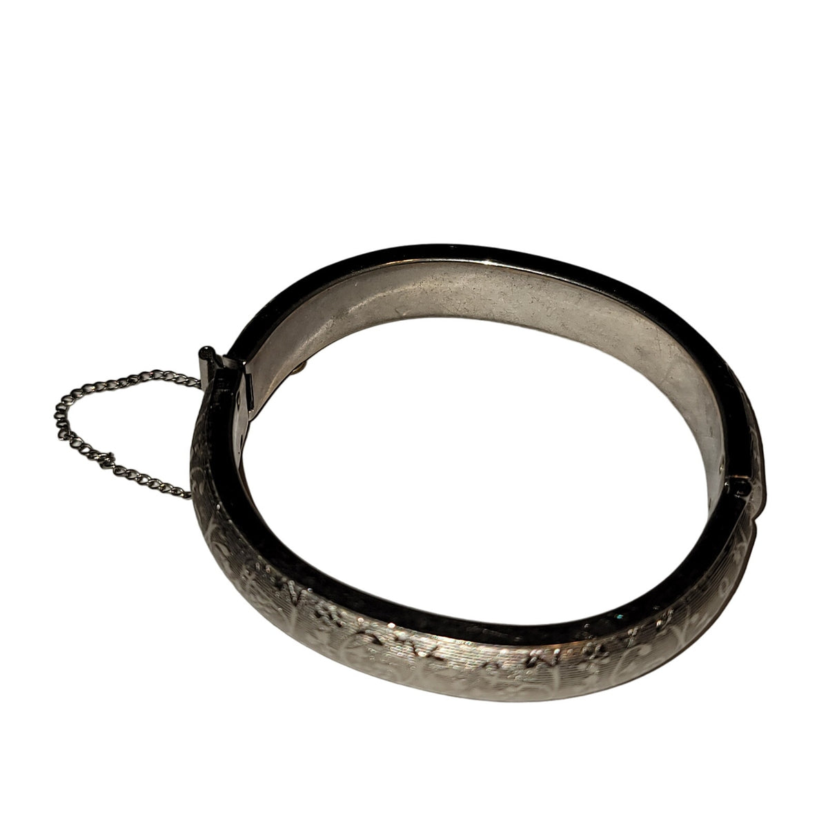 Silvertone bangle bracelet etched safety chain hinged floral floral motif Small