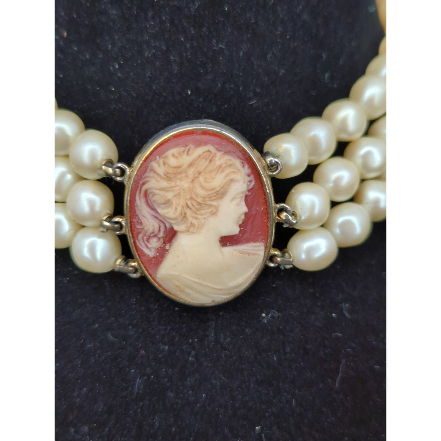 Vintage Triple Strand Faux Pearl Choker Cameo Centerpiece Victorian Style